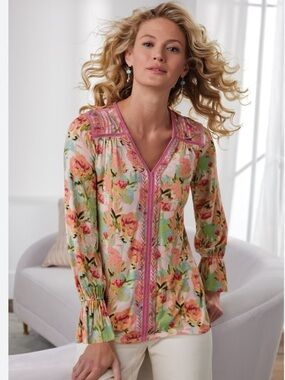 Soft Surroundings Essex Floral Embroidered Pink Tunic Top Size Medium